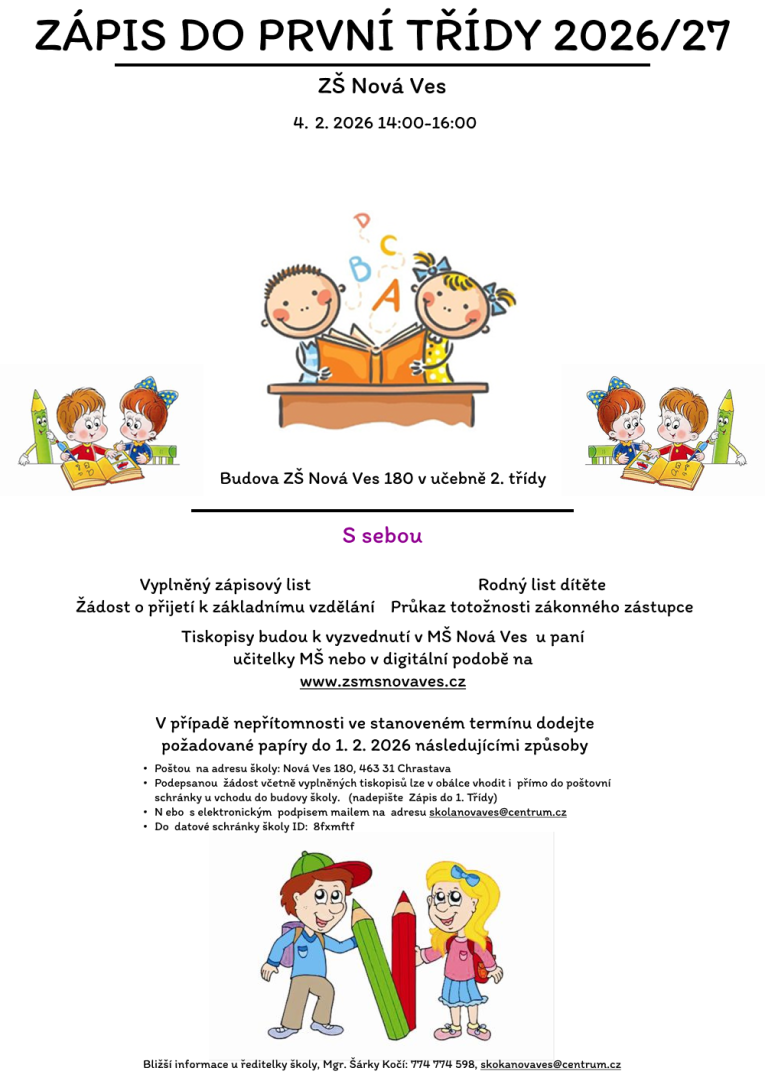 Zápis do 1. ročníku ZŠ školy pro školní rok 2026/27